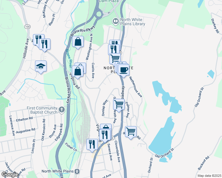 map of restaurants, bars, coffee shops, grocery stores, and more near 70 General Heath Avenue in White Plains