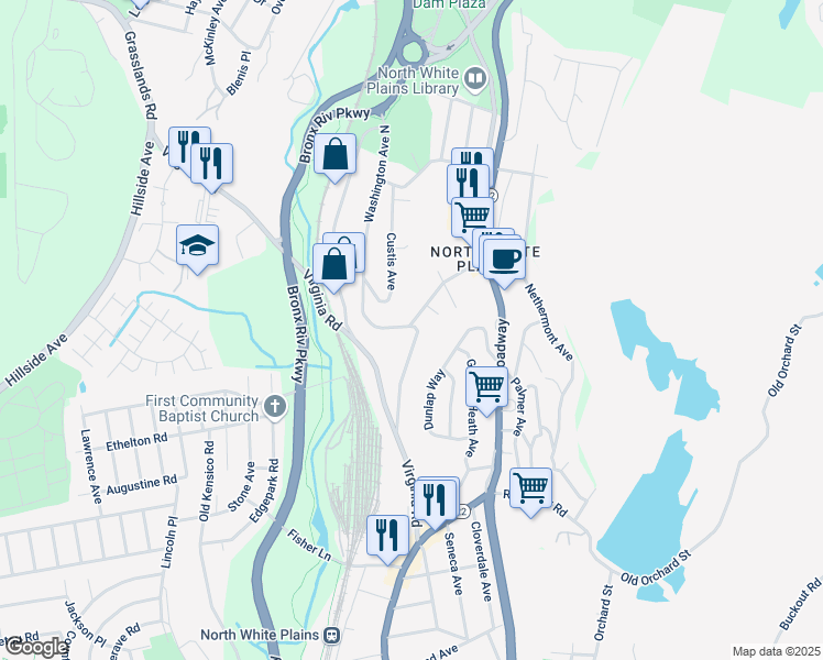 map of restaurants, bars, coffee shops, grocery stores, and more near 35 Washington Avenue North in White Plains