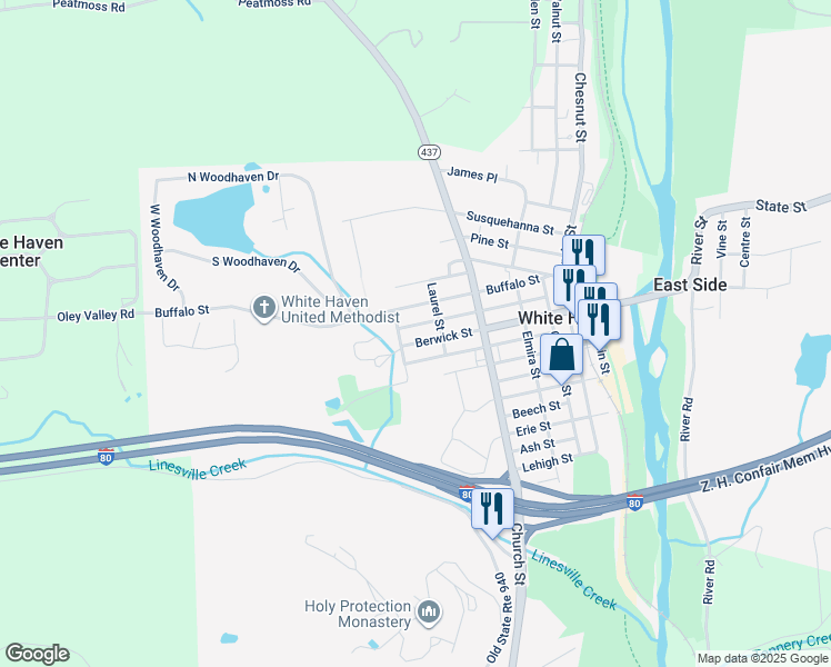 map of restaurants, bars, coffee shops, grocery stores, and more near 615 Berwick Street in White Haven