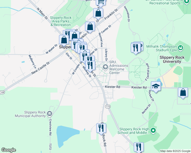map of restaurants, bars, coffee shops, grocery stores, and more near 522 South Main Street in Slippery Rock