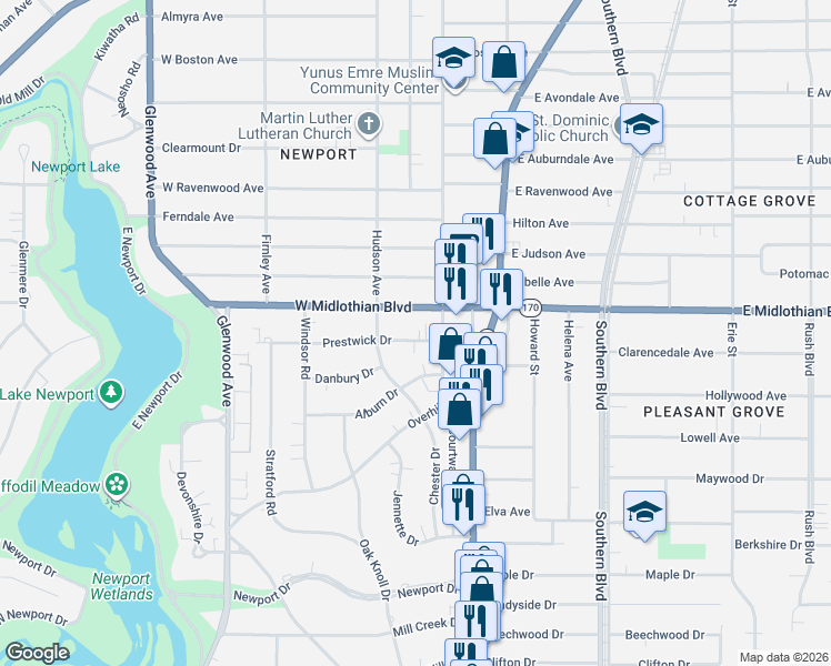 map of restaurants, bars, coffee shops, grocery stores, and more near 77 Prestwick Drive in Youngstown