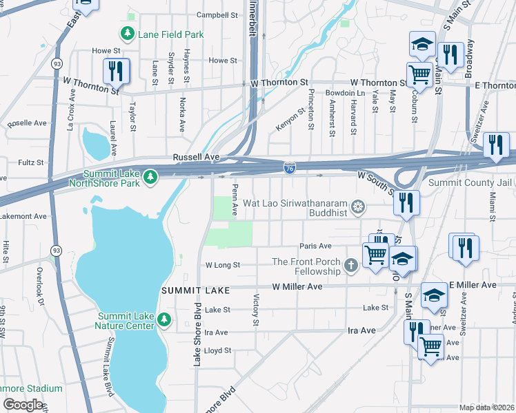map of restaurants, bars, coffee shops, grocery stores, and more near 231 West Crosier Street in Akron