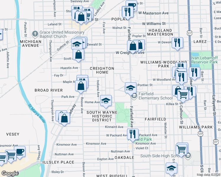 map of restaurants, bars, coffee shops, grocery stores, and more near 2802 South Wayne Avenue in Fort Wayne