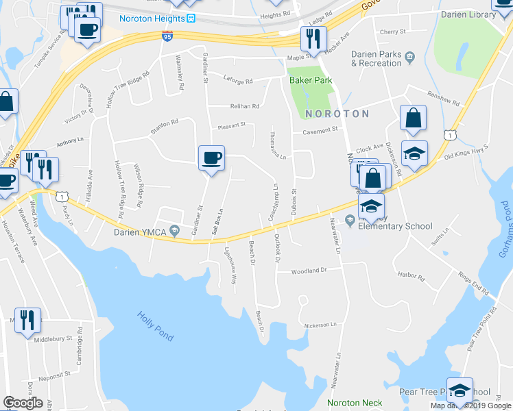 map of restaurants, bars, coffee shops, grocery stores, and more near 18 Beach Drive in Darien