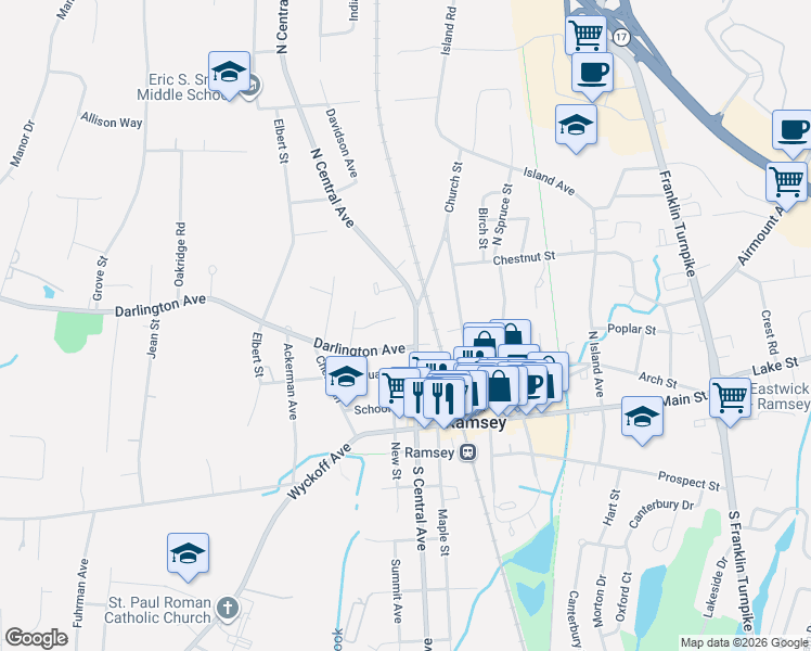 map of restaurants, bars, coffee shops, grocery stores, and more near 25 Shuart Lane in Ramsey