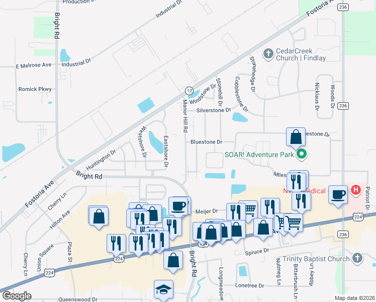 map of restaurants, bars, coffee shops, grocery stores, and more near 1618 Kathryn Court in Findlay