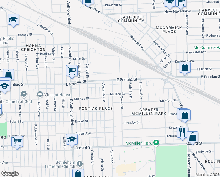map of restaurants, bars, coffee shops, grocery stores, and more near 2736 Abbott Street in Fort Wayne