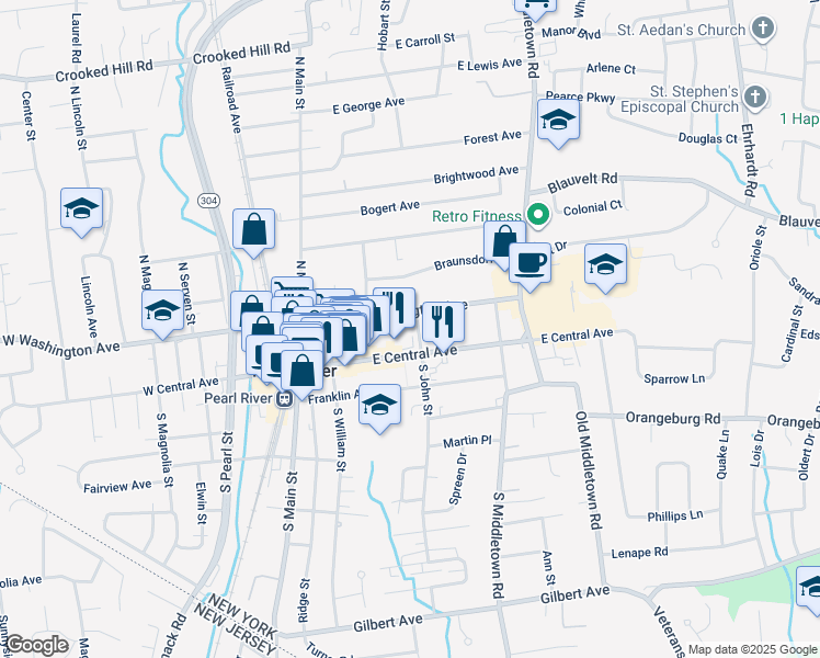 map of restaurants, bars, coffee shops, grocery stores, and more near 105 E Central Ave in Pearl River