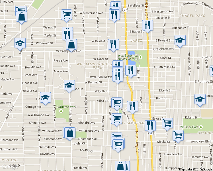 map of restaurants, bars, coffee shops, grocery stores, and more near 2710 Harrison Street in Fort Wayne