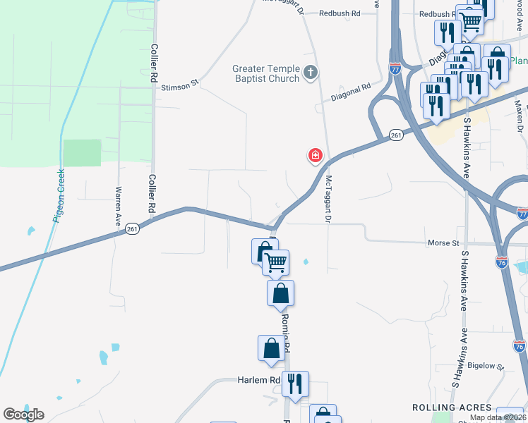 map of restaurants, bars, coffee shops, grocery stores, and more near 2024 Romig Road in Akron
