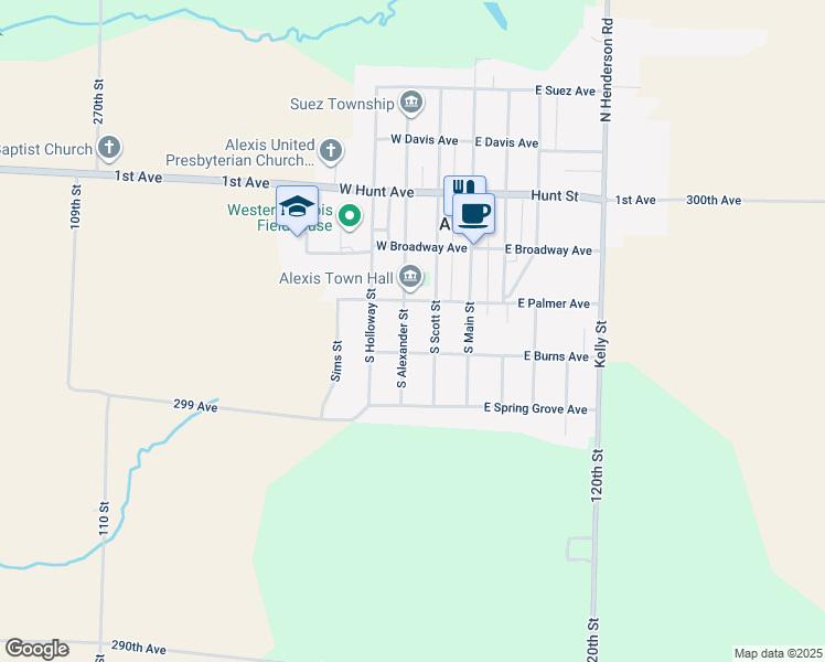 map of restaurants, bars, coffee shops, grocery stores, and more near 201-299 West Burns Avenue in Alexis