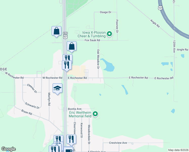 map of restaurants, bars, coffee shops, grocery stores, and more near 202 East Rochester Road in Ottumwa