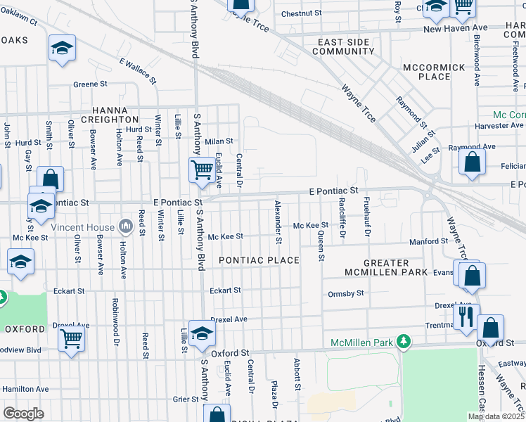 map of restaurants, bars, coffee shops, grocery stores, and more near 2717 Plaza Drive in Fort Wayne