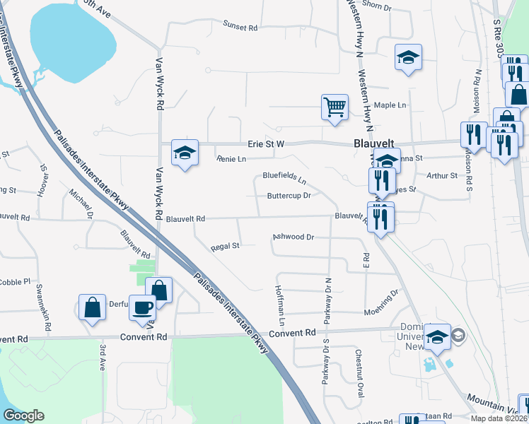 map of restaurants, bars, coffee shops, grocery stores, and more near 38 Bluefields Lane in Blauvelt
