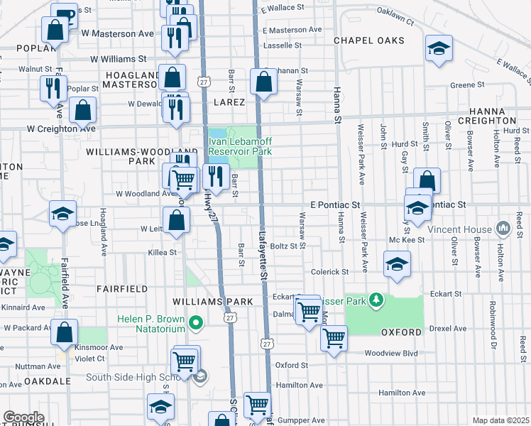 map of restaurants, bars, coffee shops, grocery stores, and more near 2709 Lafayette Street in Fort Wayne