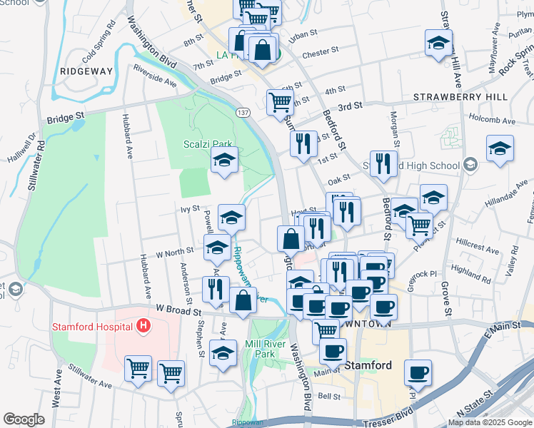 map of restaurants, bars, coffee shops, grocery stores, and more near 12 Linden Place in Stamford