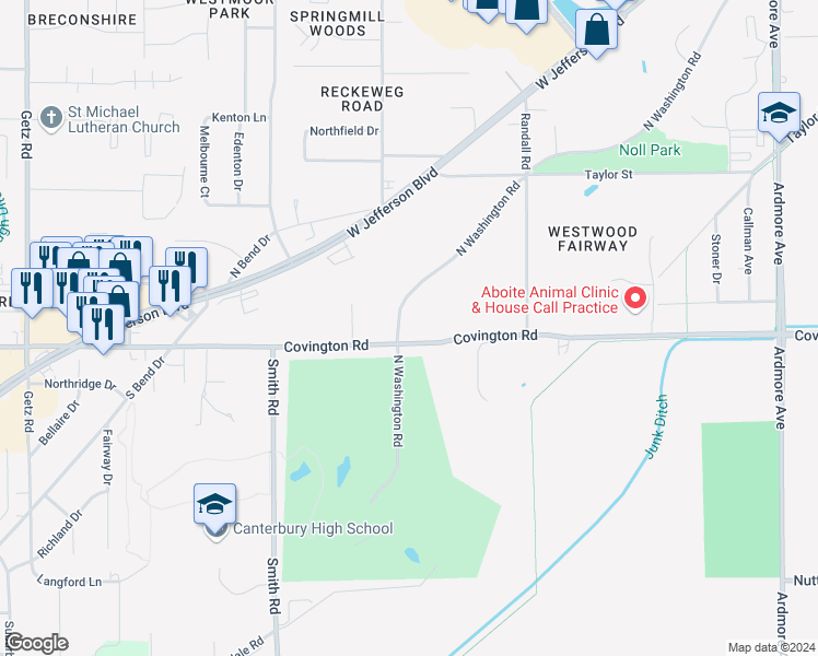 map of restaurants, bars, coffee shops, grocery stores, and more near 5101 North Washington Road in Fort Wayne