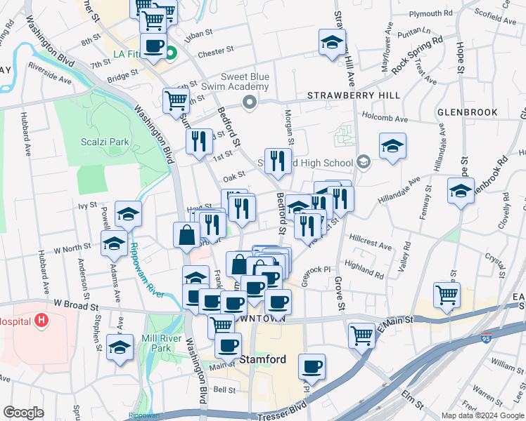 map of restaurants, bars, coffee shops, grocery stores, and more near 48 Hoyt Street in Stamford