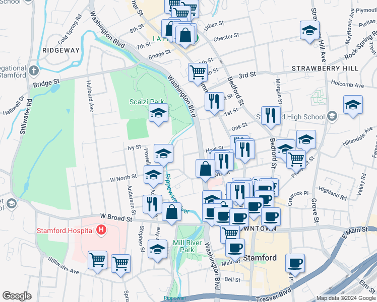 map of restaurants, bars, coffee shops, grocery stores, and more near 21 Court Street in Stamford