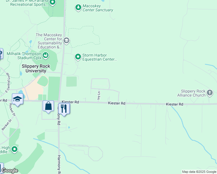 map of restaurants, bars, coffee shops, grocery stores, and more near 1111 Vineyard Circle in Slippery Rock