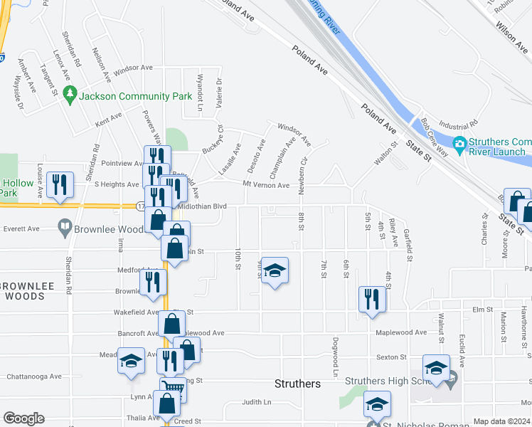 map of restaurants, bars, coffee shops, grocery stores, and more near 2524 East Midlothian Boulevard in Youngstown