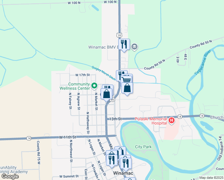 map of restaurants, bars, coffee shops, grocery stores, and more near 925 North Riverside Drive in Winamac