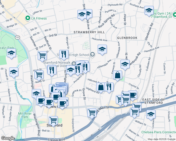 map of restaurants, bars, coffee shops, grocery stores, and more near 1 Strawberry Hill Avenue in Stamford