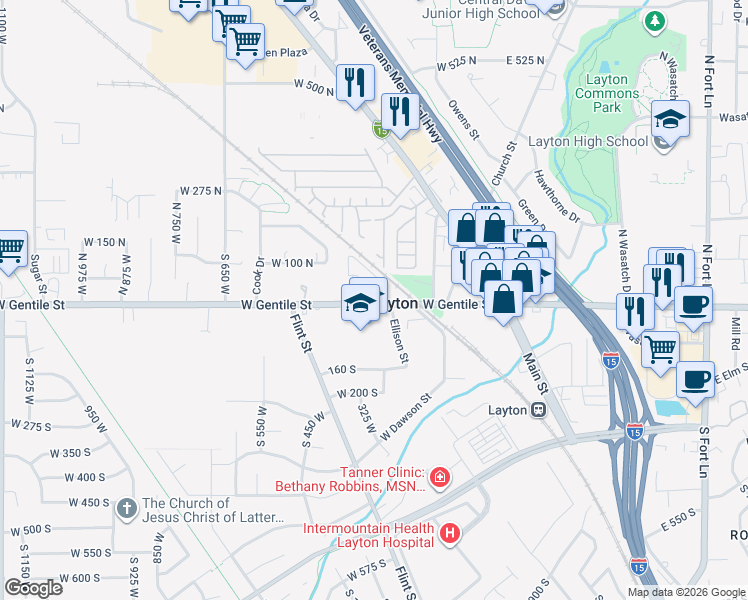 map of restaurants, bars, coffee shops, grocery stores, and more near 339 West 25 North in Layton