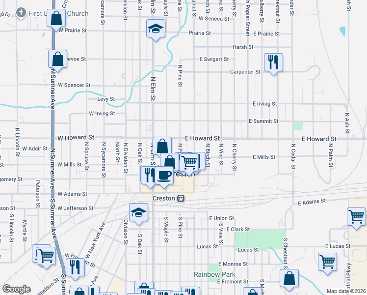 map of restaurants, bars, coffee shops, grocery stores, and more near 101-199 East Howard Street in Creston