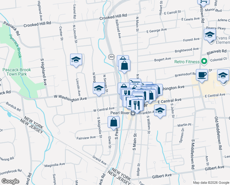 map of restaurants, bars, coffee shops, grocery stores, and more near 76 Brook Street in Pearl River