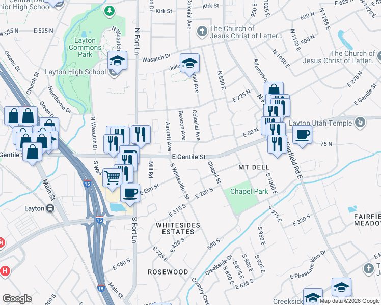 map of restaurants, bars, coffee shops, grocery stores, and more near 9 Colonial Avenue in Layton