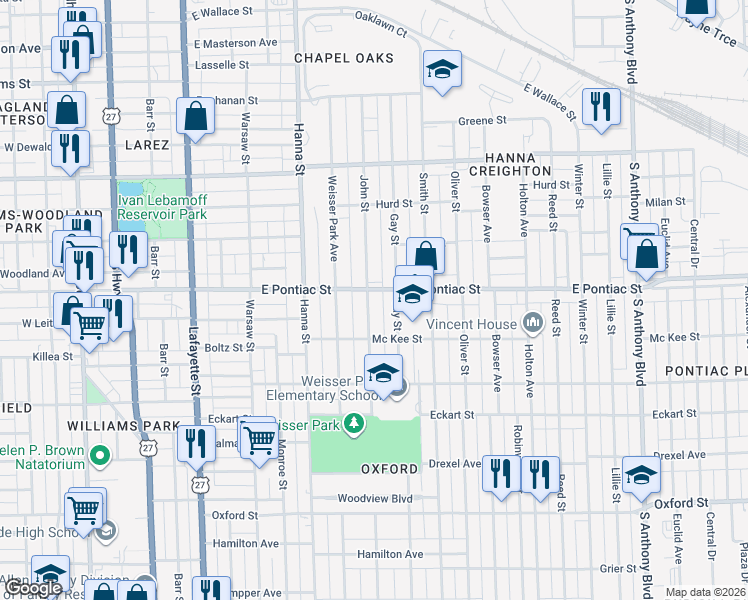 map of restaurants, bars, coffee shops, grocery stores, and more near 2711 John Street in Fort Wayne
