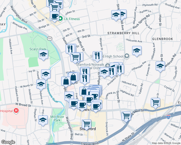 map of restaurants, bars, coffee shops, grocery stores, and more near 48 Hoyt Street in Stamford