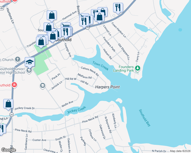 map of restaurants, bars, coffee shops, grocery stores, and more near 1165 Calves Neck Road in Southold