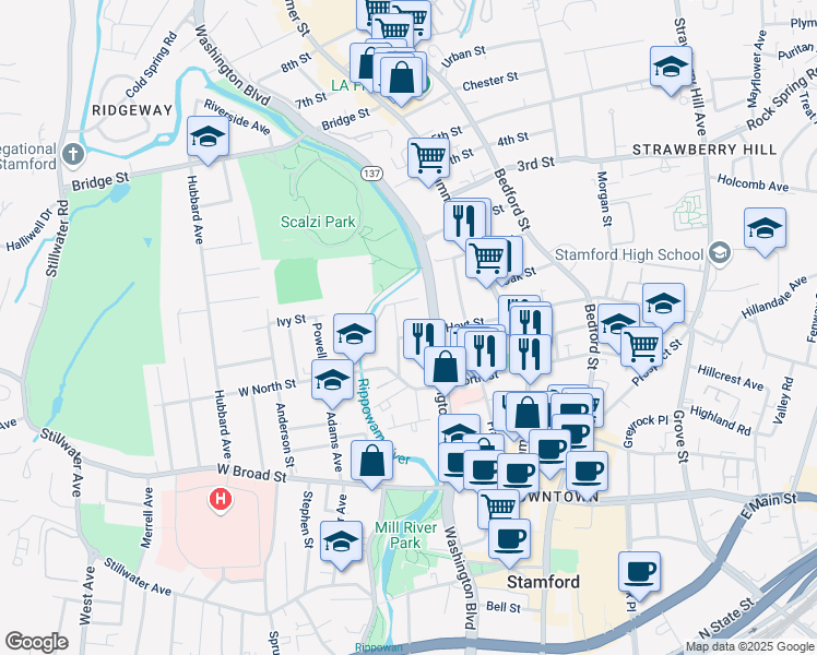 map of restaurants, bars, coffee shops, grocery stores, and more near 21 Court Street in Stamford