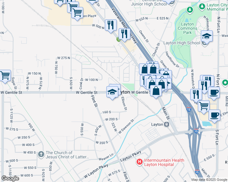 map of restaurants, bars, coffee shops, grocery stores, and more near 355 West Gentile Street in Layton
