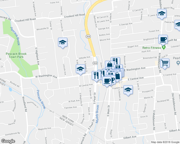 map of restaurants, bars, coffee shops, grocery stores, and more near 75 West Washington Avenue in Pearl River