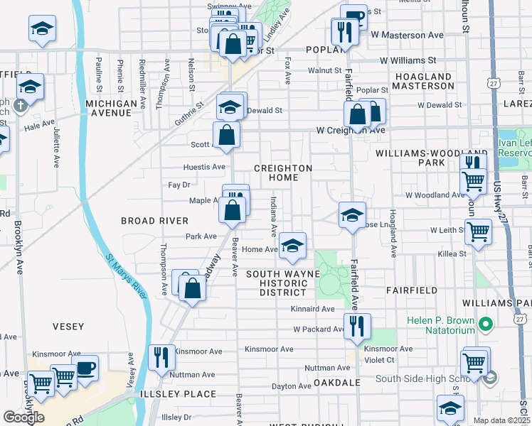 map of restaurants, bars, coffee shops, grocery stores, and more near 909 Lincoln Avenue in Fort Wayne