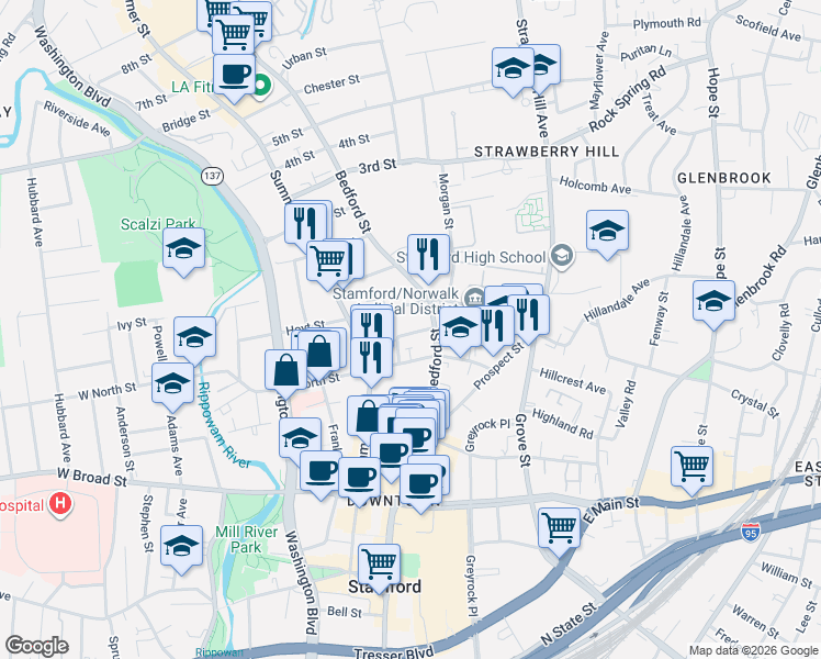 map of restaurants, bars, coffee shops, grocery stores, and more near 48 Hoyt Street in Stamford