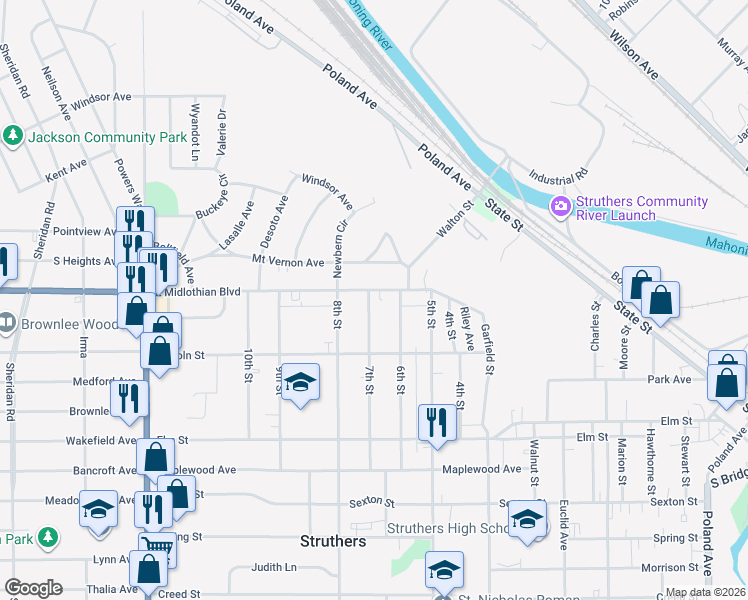 map of restaurants, bars, coffee shops, grocery stores, and more near 2760 East Midlothian Boulevard in Youngstown