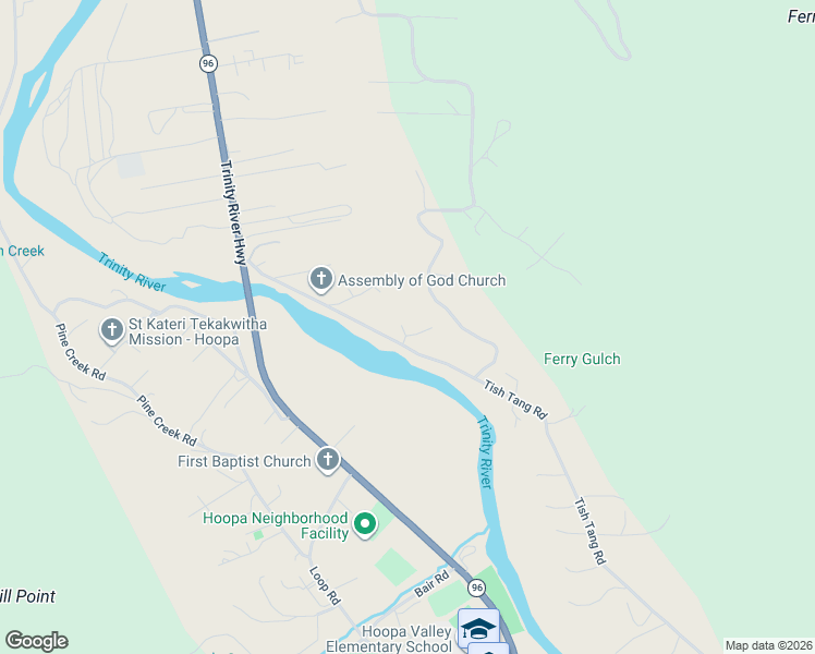 map of restaurants, bars, coffee shops, grocery stores, and more near Tish Tang Road in Hoopa