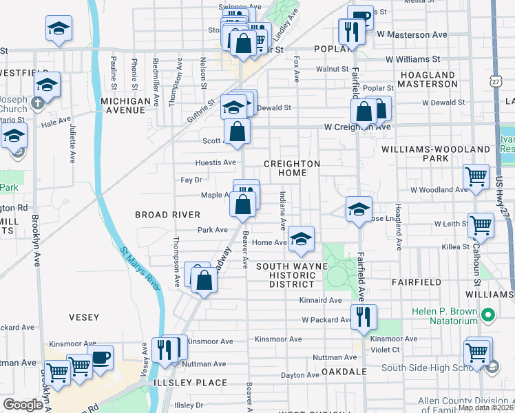 map of restaurants, bars, coffee shops, grocery stores, and more near 1001 Lincoln Avenue in Fort Wayne