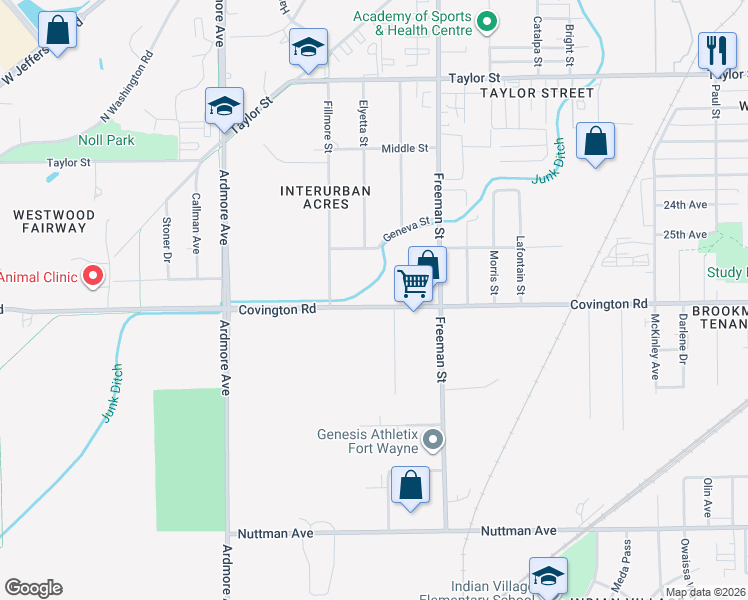 map of restaurants, bars, coffee shops, grocery stores, and more near 3320 Covington Road in Fort Wayne