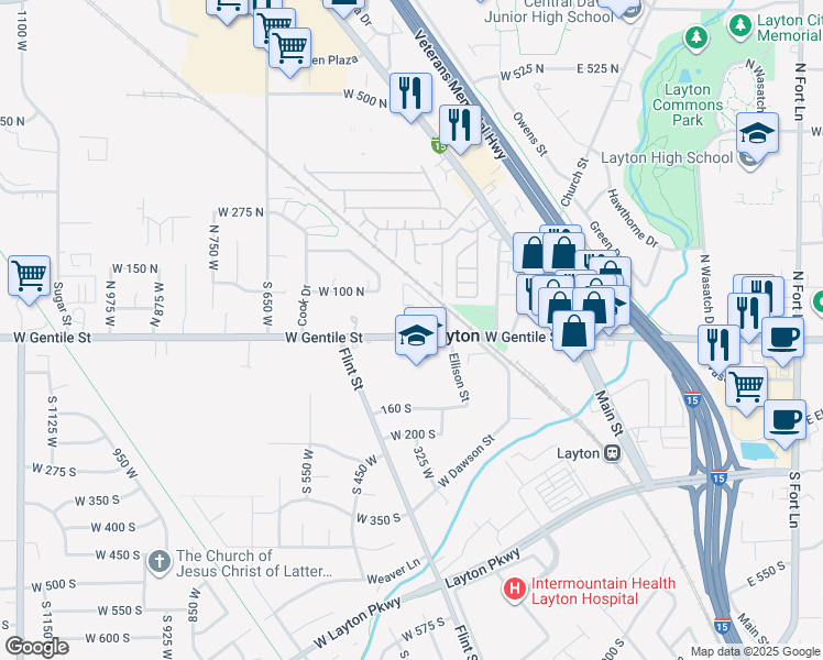 map of restaurants, bars, coffee shops, grocery stores, and more near 356 West 25 North in Layton