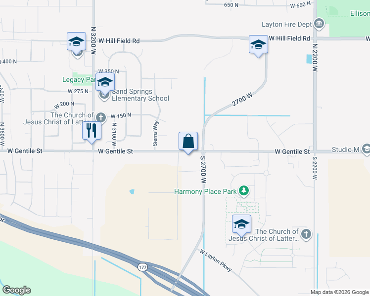 map of restaurants, bars, coffee shops, grocery stores, and more near 2808 West Gentile Street in Layton