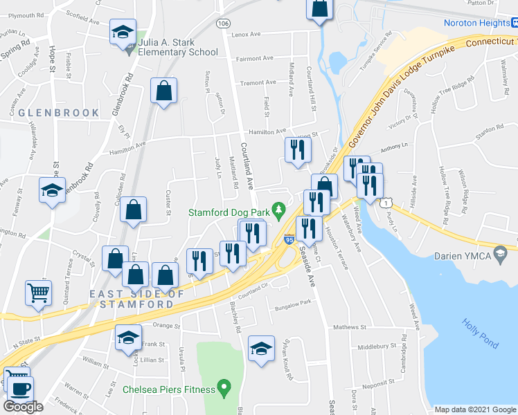 map of restaurants, bars, coffee shops, grocery stores, and more near 53 Courtland Avenue in Stamford