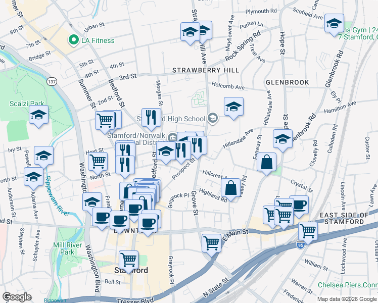 map of restaurants, bars, coffee shops, grocery stores, and more near 26 Strawberry Hill Avenue in Stamford