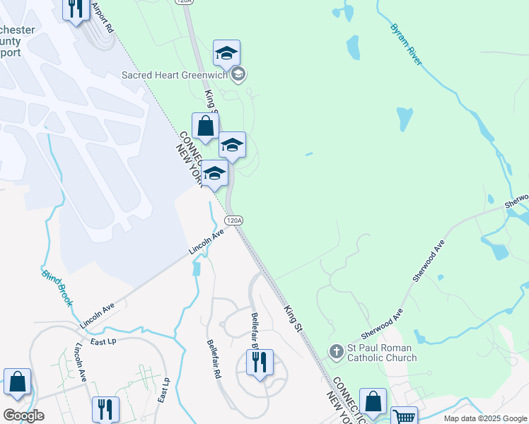 map of restaurants, bars, coffee shops, grocery stores, and more near 1165 King Street in Greenwich