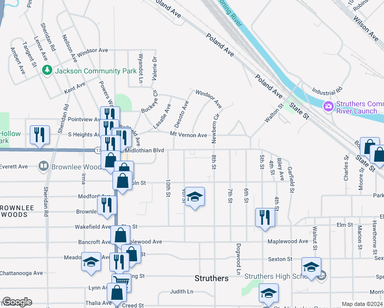 map of restaurants, bars, coffee shops, grocery stores, and more near 2524 East Midlothian Boulevard in Youngstown