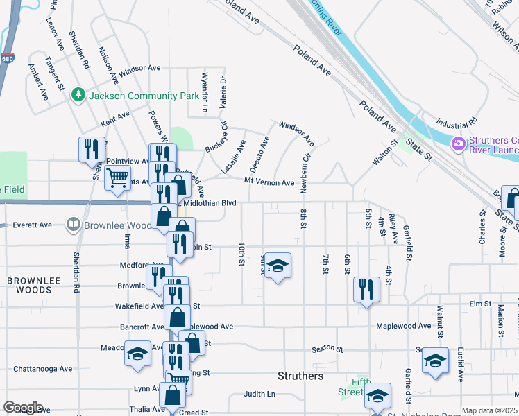 map of restaurants, bars, coffee shops, grocery stores, and more near 2524 East Midlothian Boulevard in Youngstown